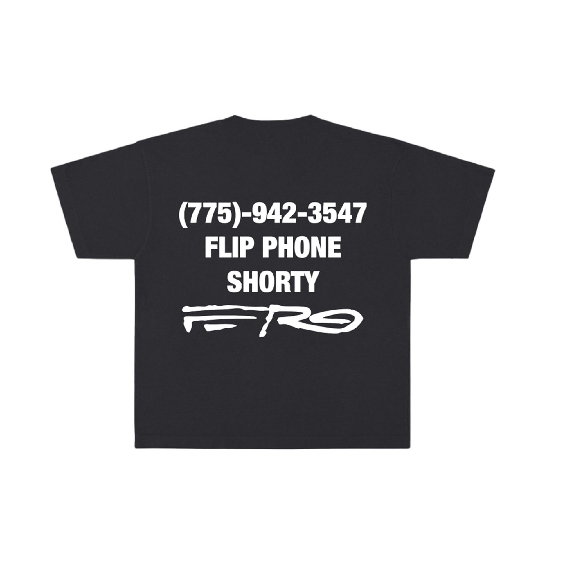 Black t-shirt with white text and logo on a white background