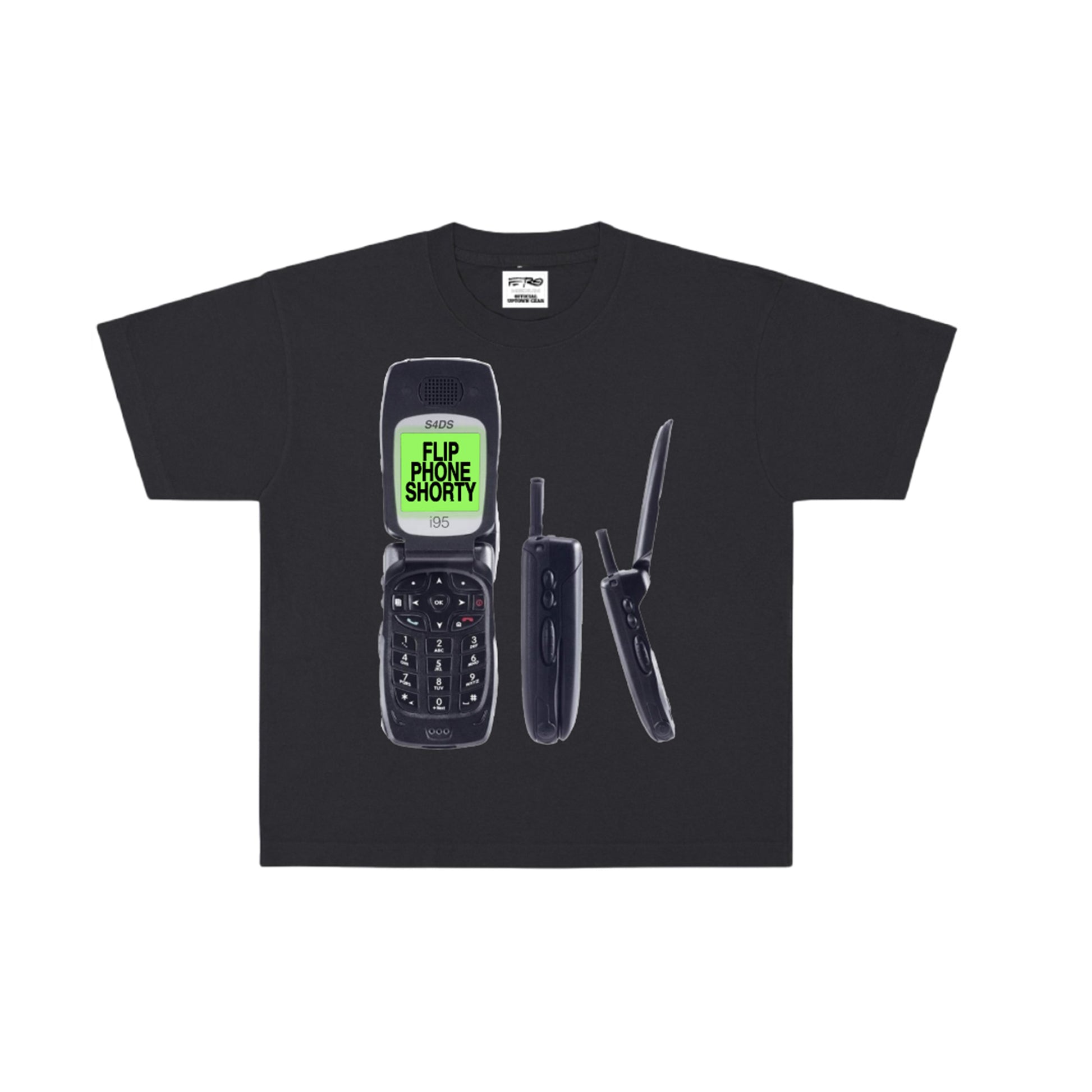 Black t-shirt with graphic of flip phone and text 'Flip Phone Shorty' on a white background